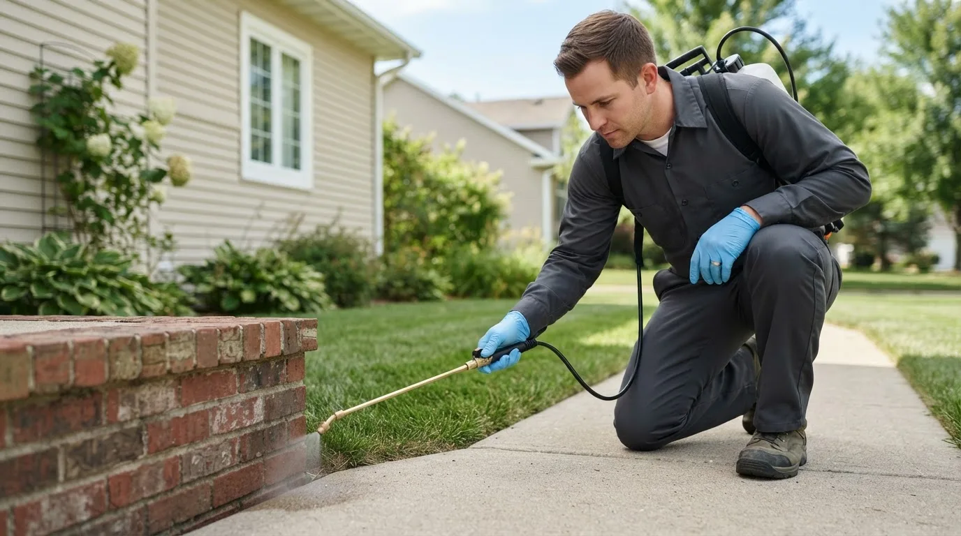 Pest control technician treating a home near Staunton, IN